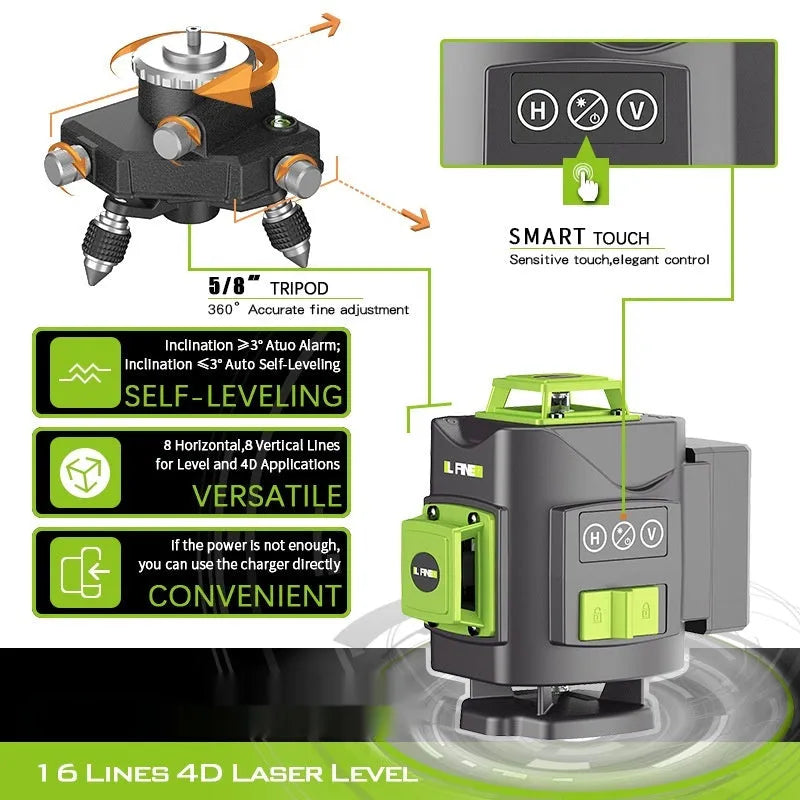 Green 16-line 3D laser level with 360-degree emission on nylon and aluminium housing