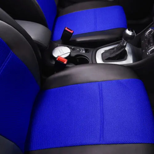 Artificial leather car seat covers with stitching in a 9-piece set for a 5-seater vehicle.