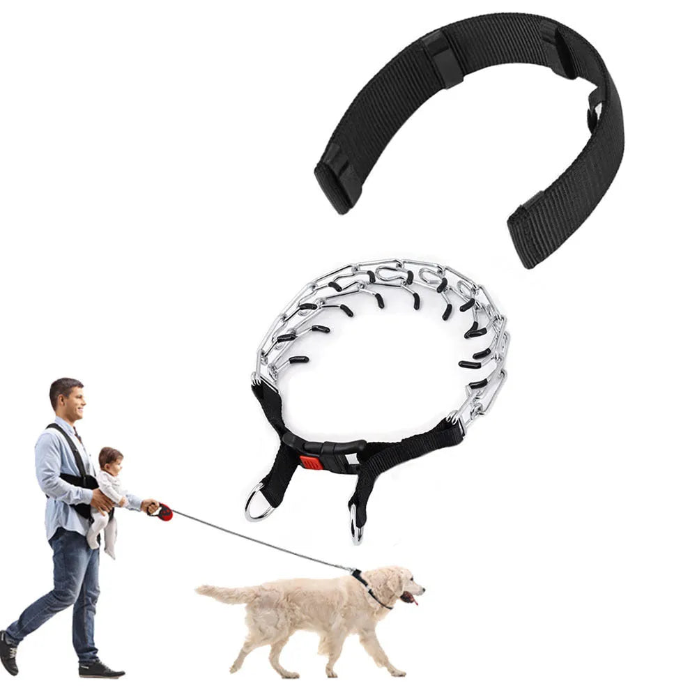 Dog training stimulation chain collar with stainless steel prongs on a padded nylon band.