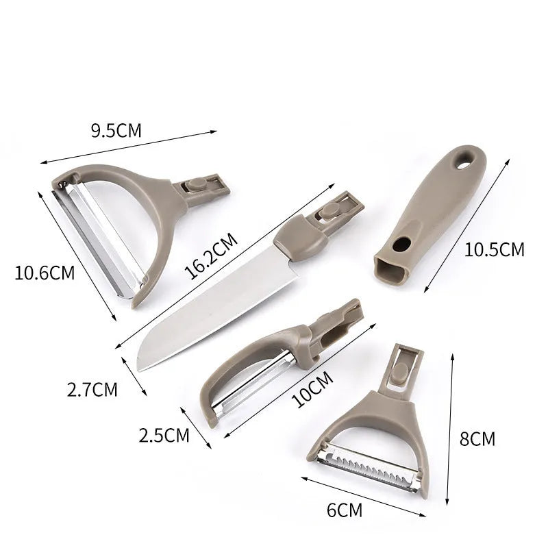 Brown eight-piece kitchen cutter set with peeler, knife and chopping board on wheat straw base