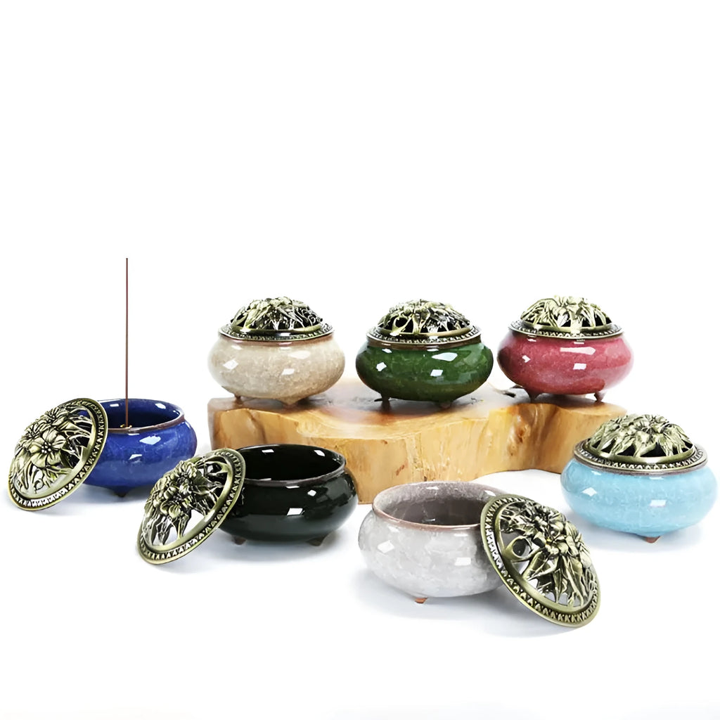 Retro ceramic incense burner in choice of twelve colours for home or garden decor.
