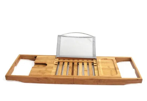 Natural bamboo freestanding shelf with single open tier for bathtub storage