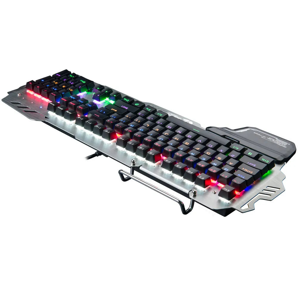 Silver metal panel professional gaming keyboard with wrist splint accessory on desktop