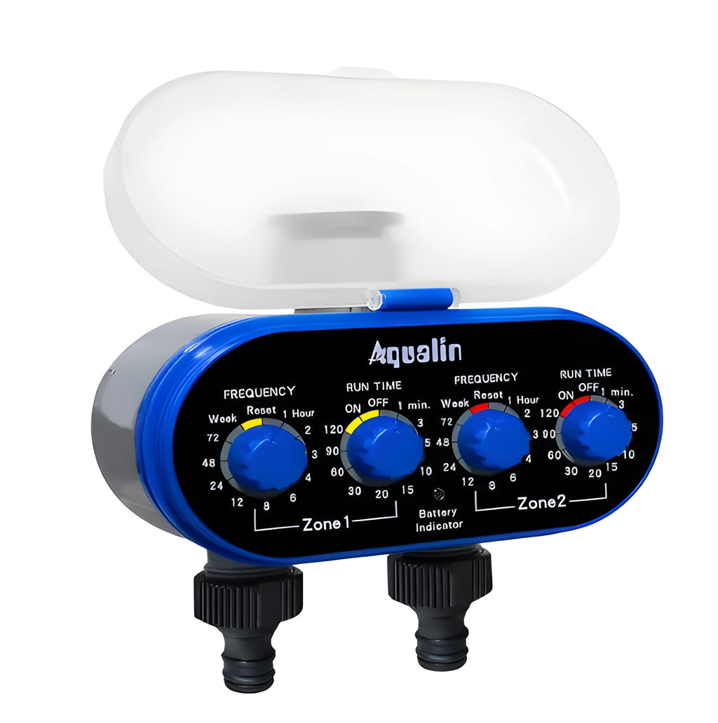 Dual timed irrigation controller with battery compartment and water connection ports