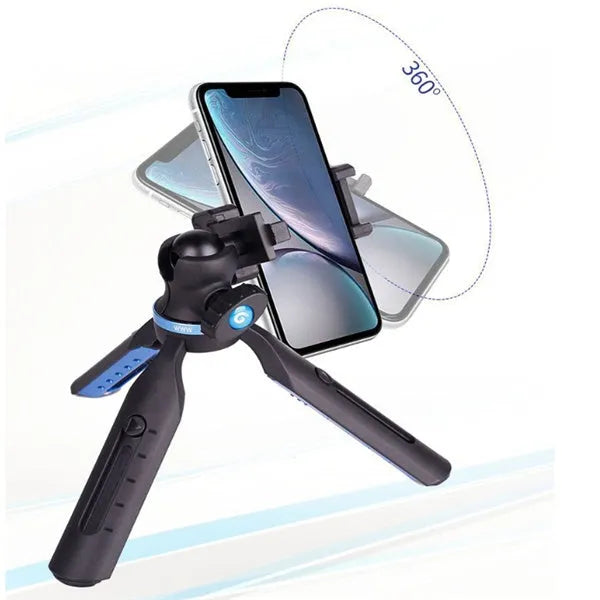 Black desktop tripod stand holding an iPhone X mobile phone.