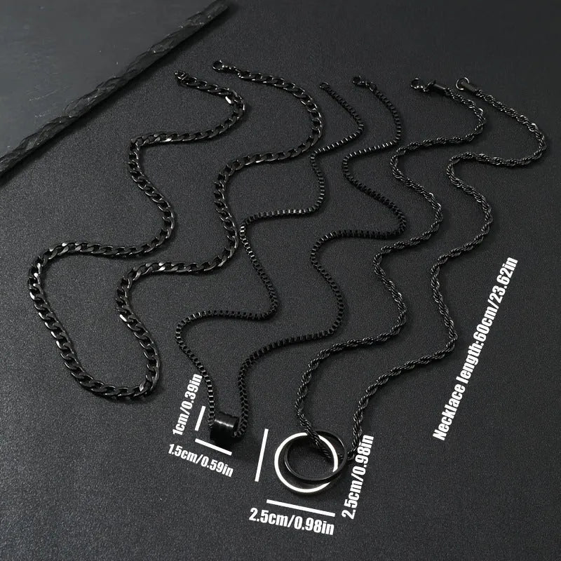 Men's black stainless steel necklace set with geometric titanium steel pendant.