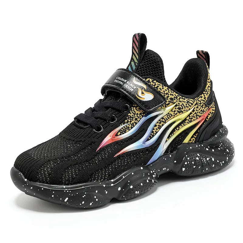 Boys sneakers with mesh textile and TPU upper in beige, black gold, or black red with rubber anti-slip soles