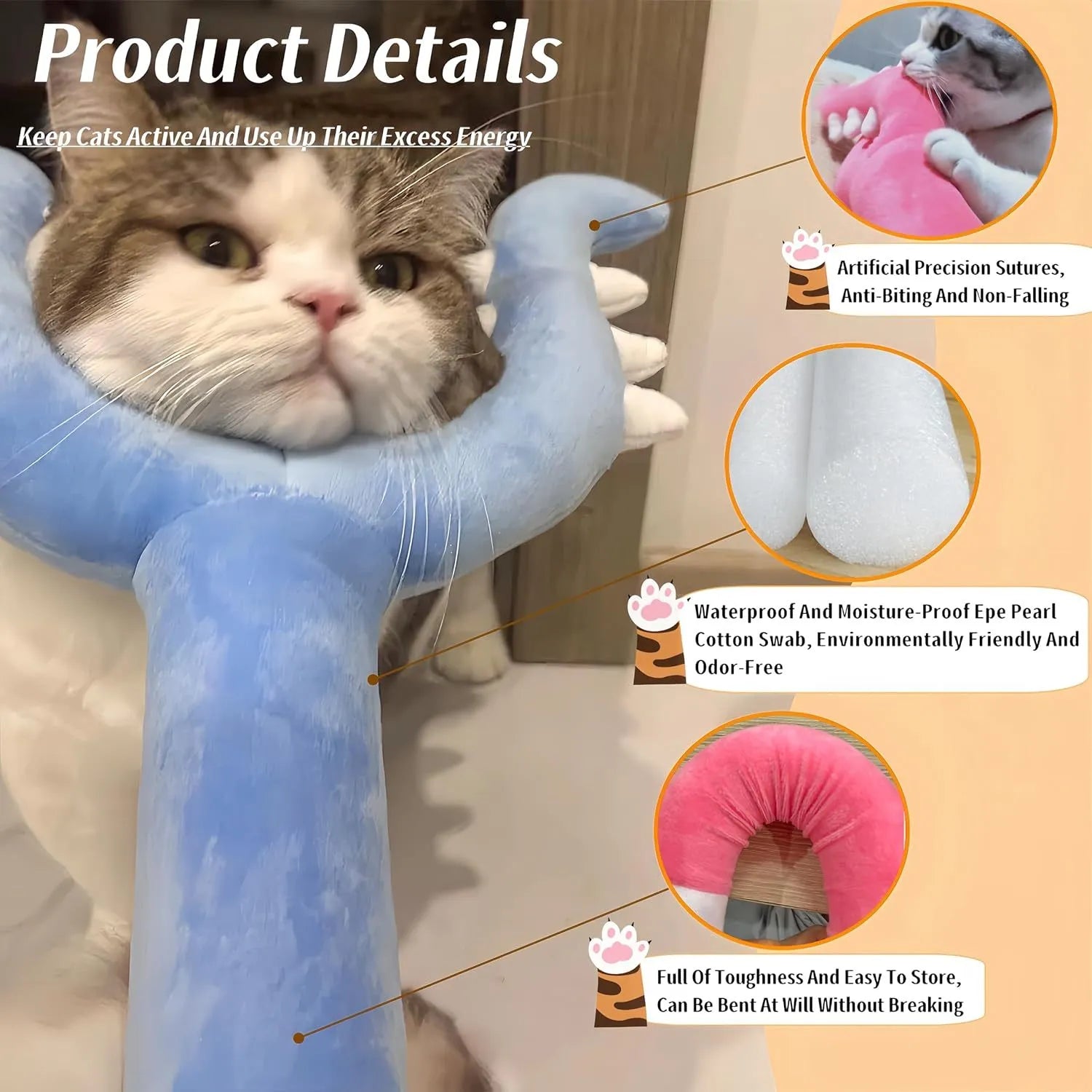 70cm long blue plush cat wand toy with soft tip for interactive play with indoor cats
