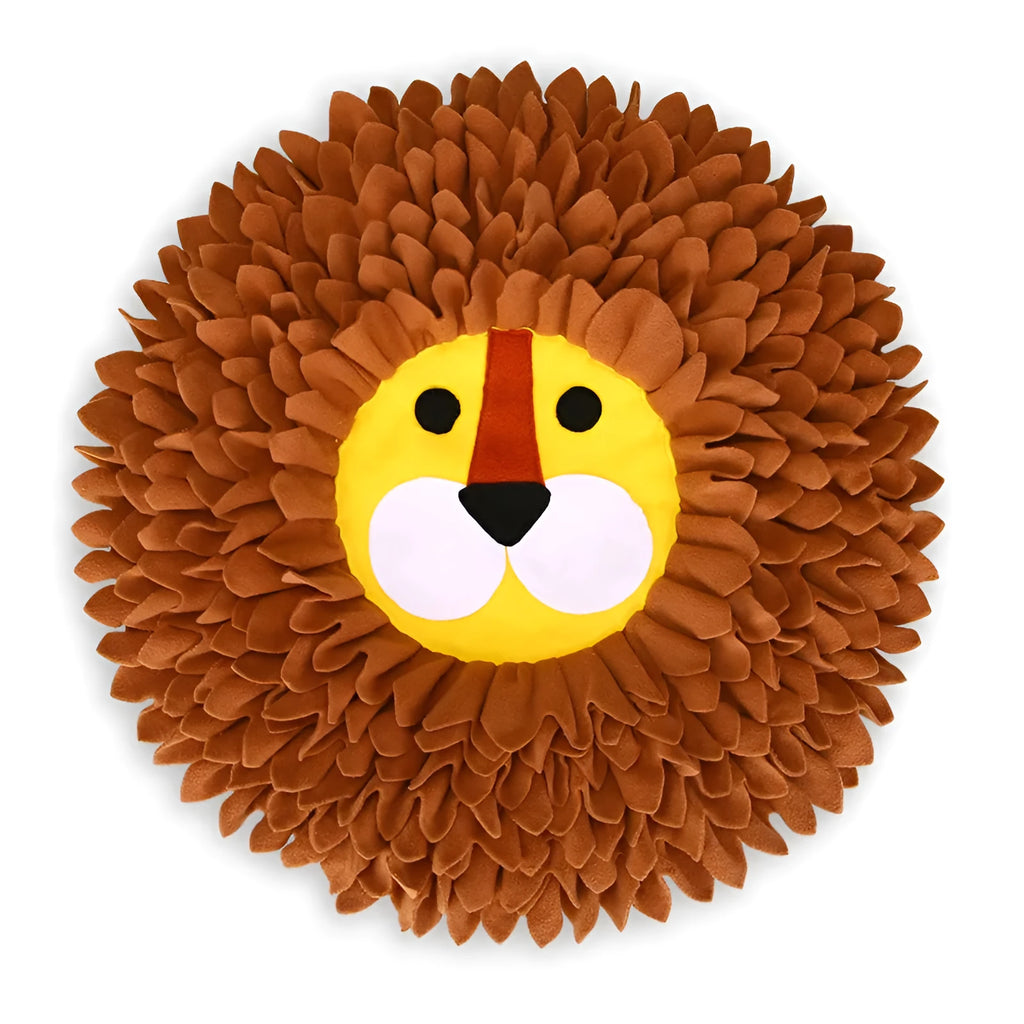 Brown lion sniffing pad and food hiding blanket for dogs and cats