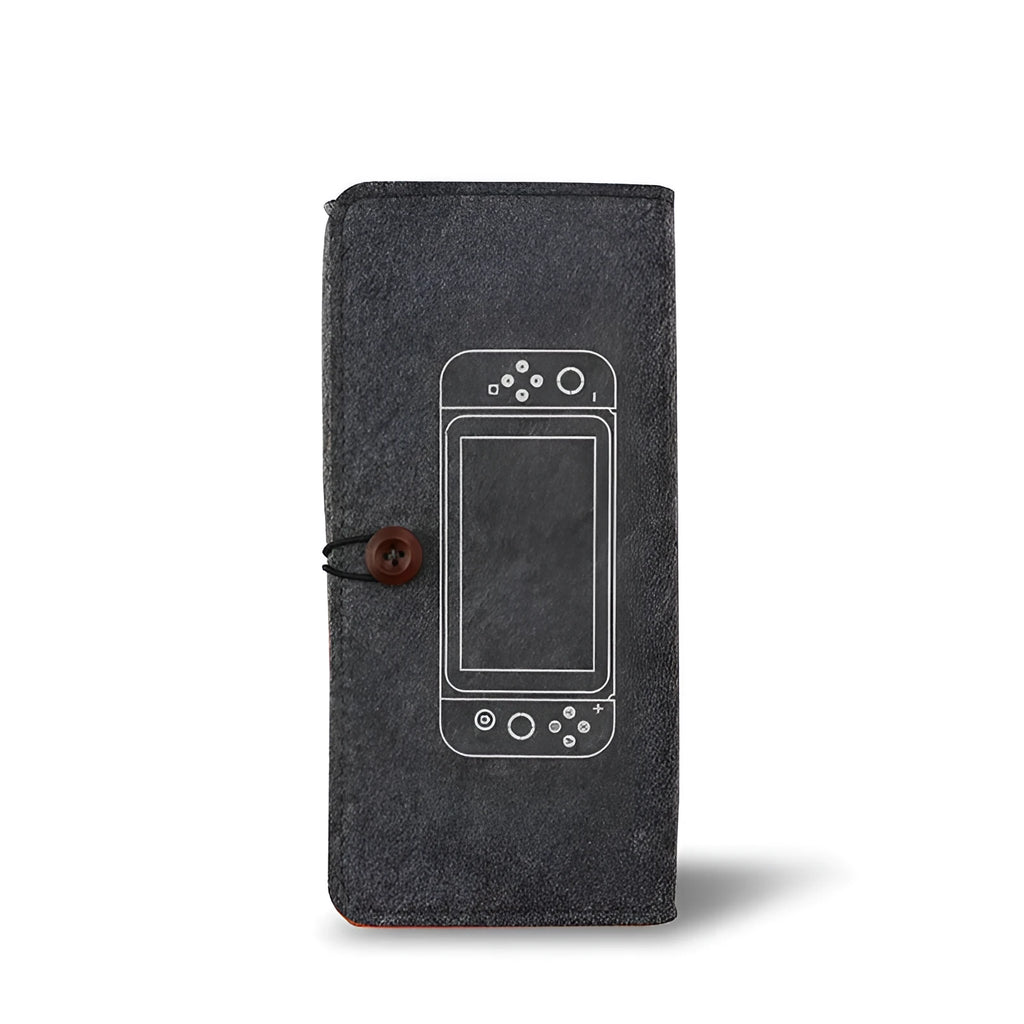 Black felt pouch case for Nintendo Switch open to show console compartment and five game card slots.