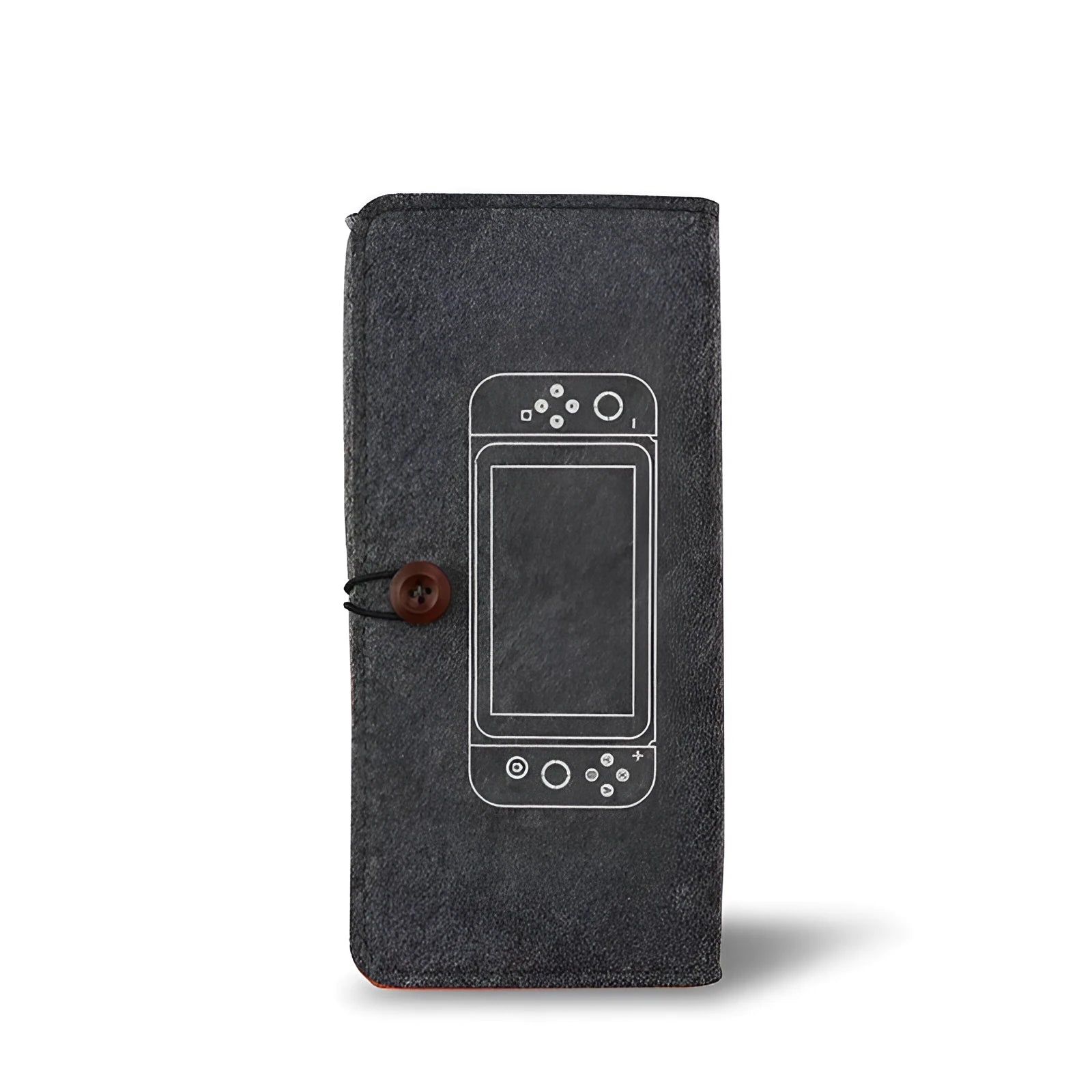 Black felt pouch case for Nintendo Switch open to show console compartment and five game card slots.