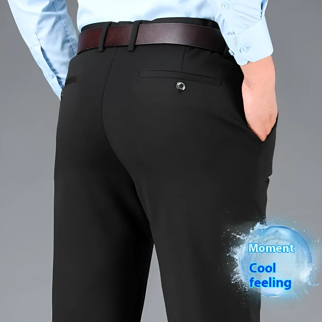 Men's straight-leg suit trousers in plus sizes showing elastic fabric and lining options