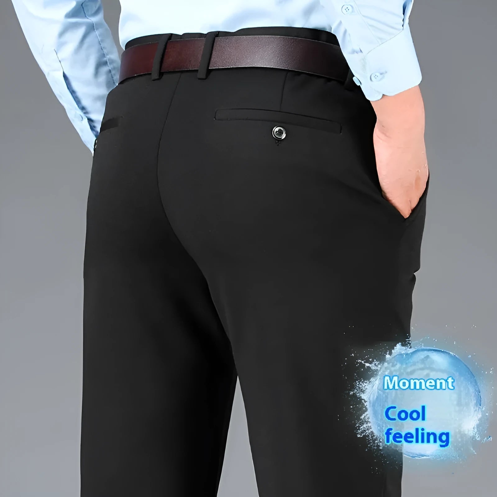Men's straight-leg suit trousers in plus sizes showing elastic fabric and lining options