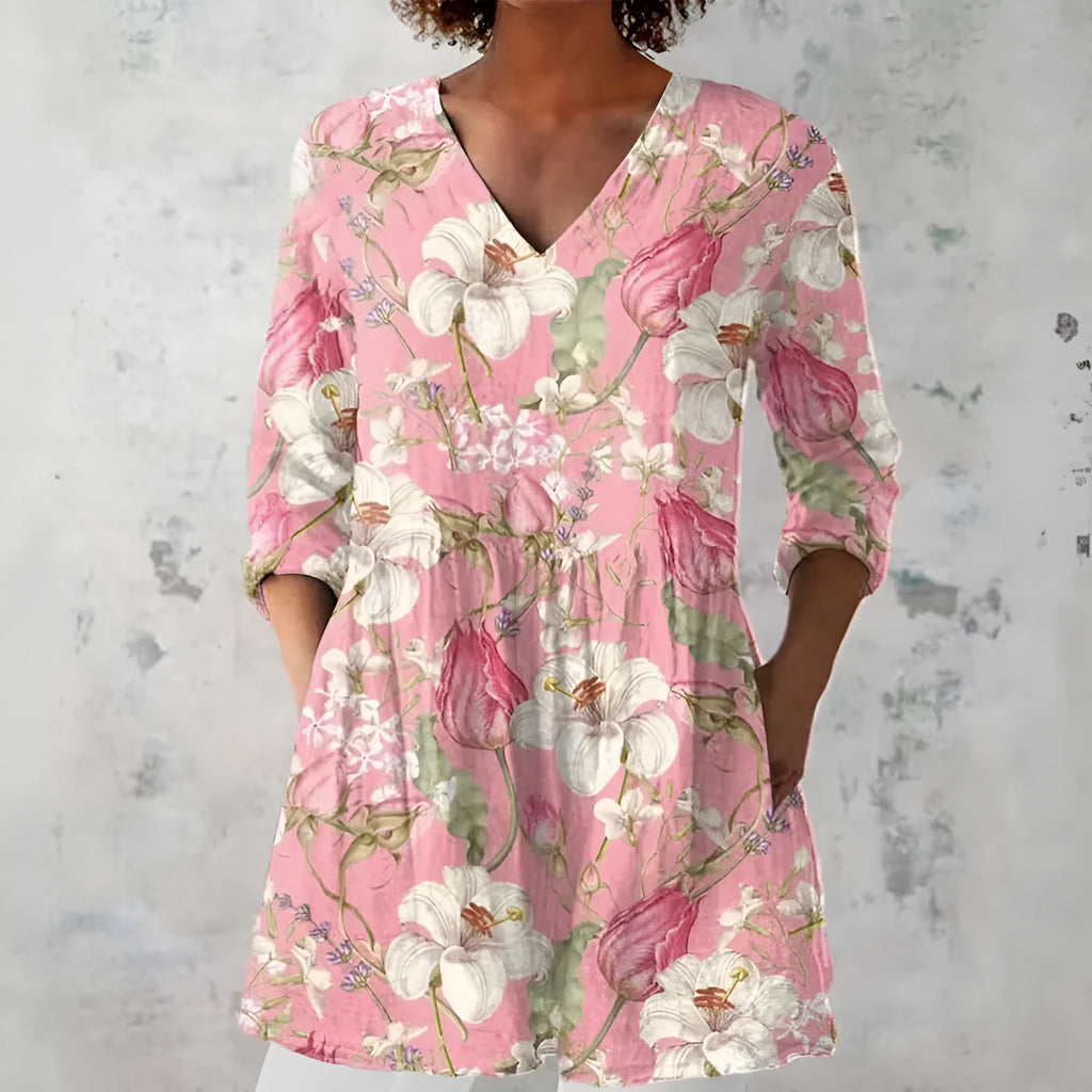 Women's retro slim fit printed long-sleeved top in a digital print design.