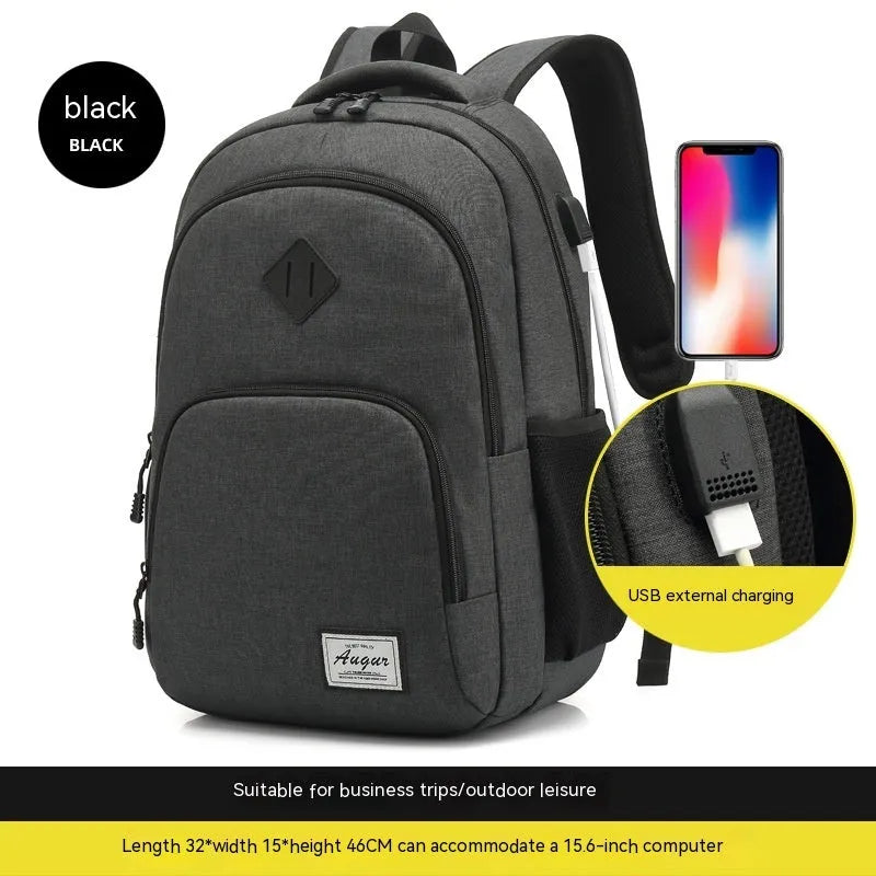 Simple lightweight backpack with USB charging interface in grey colour showing dimensions and trolley compatibility
