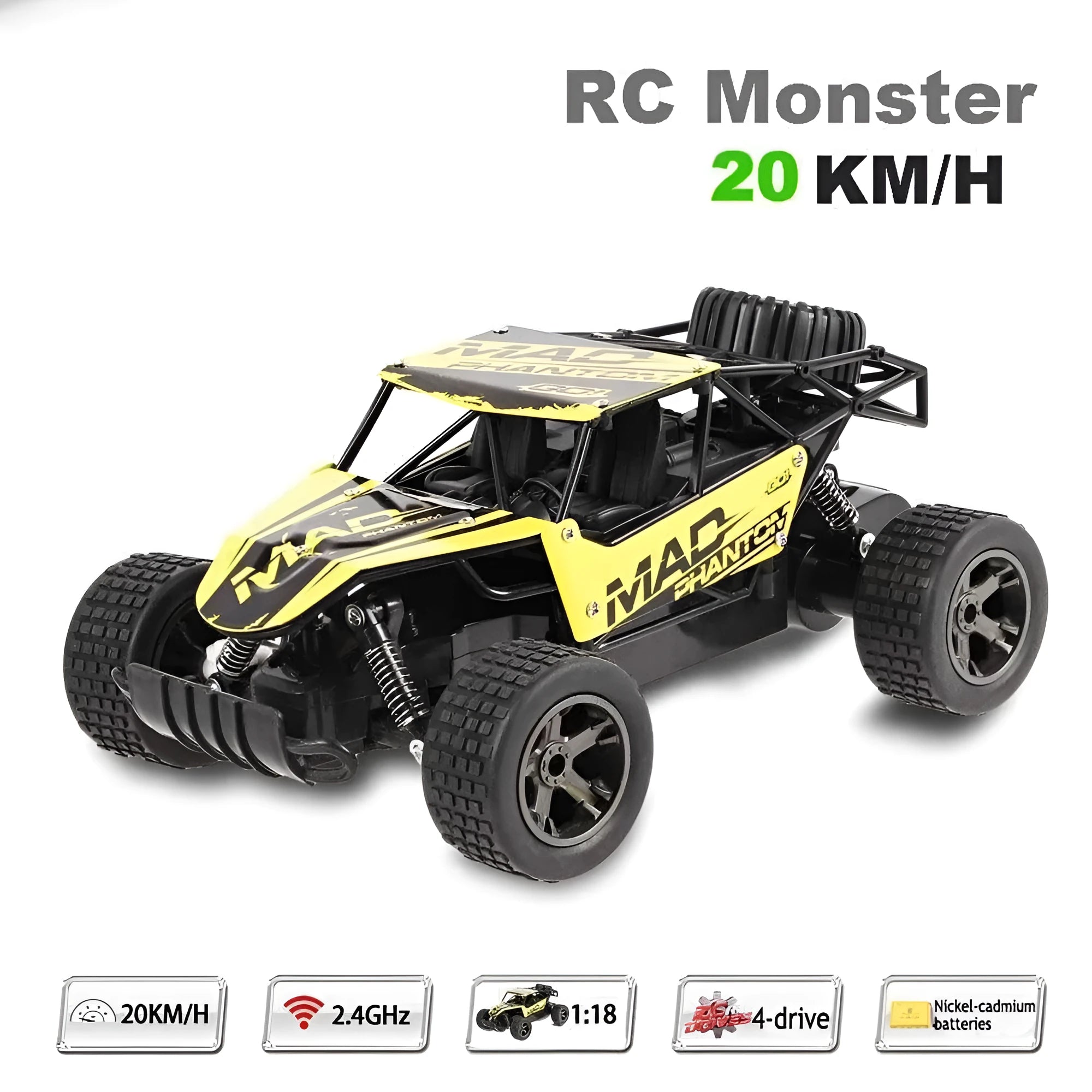 Blue and yellow 1:18 scale remote control off-road car with 2.4Ghz transmitter