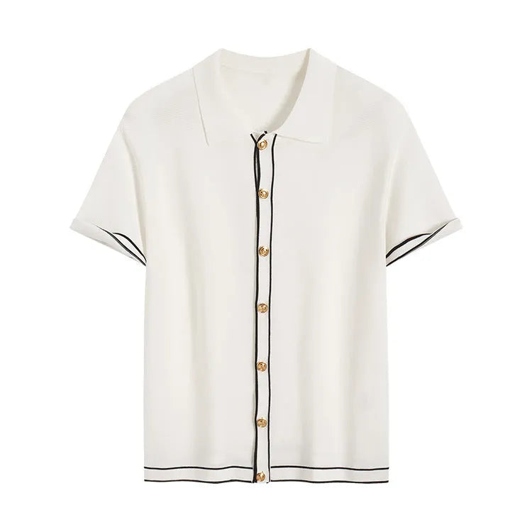 White women's cardigan with contrasting colour lapels and short sleeves.