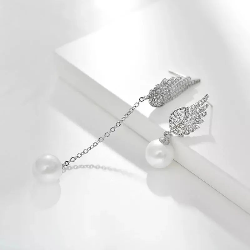 Silver angel wing earrings with gold-plated gemstone inlay and platinum colour finish