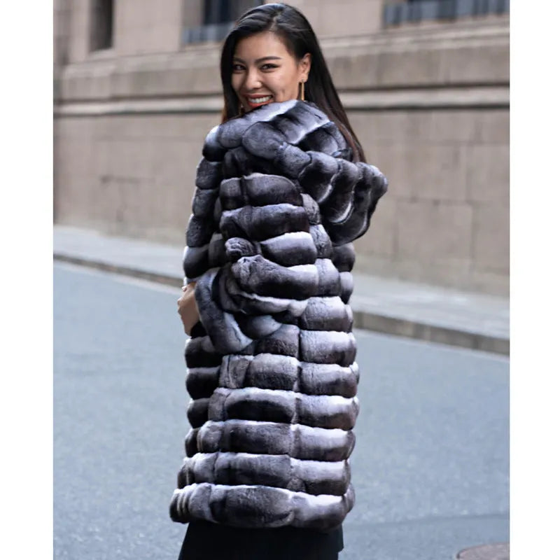 Women's zebra stripe artificial mink overcoat with mid-length cut and regular sleeves