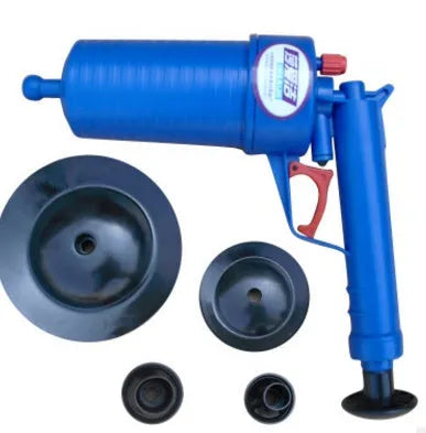 Manual high-pressure plastic drain blaster gun with four different size suction cup adaptors for unblocking pipes.