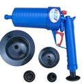 Manual high-pressure plastic drain blaster gun with four different size suction cup adaptors for unblocking pipes.