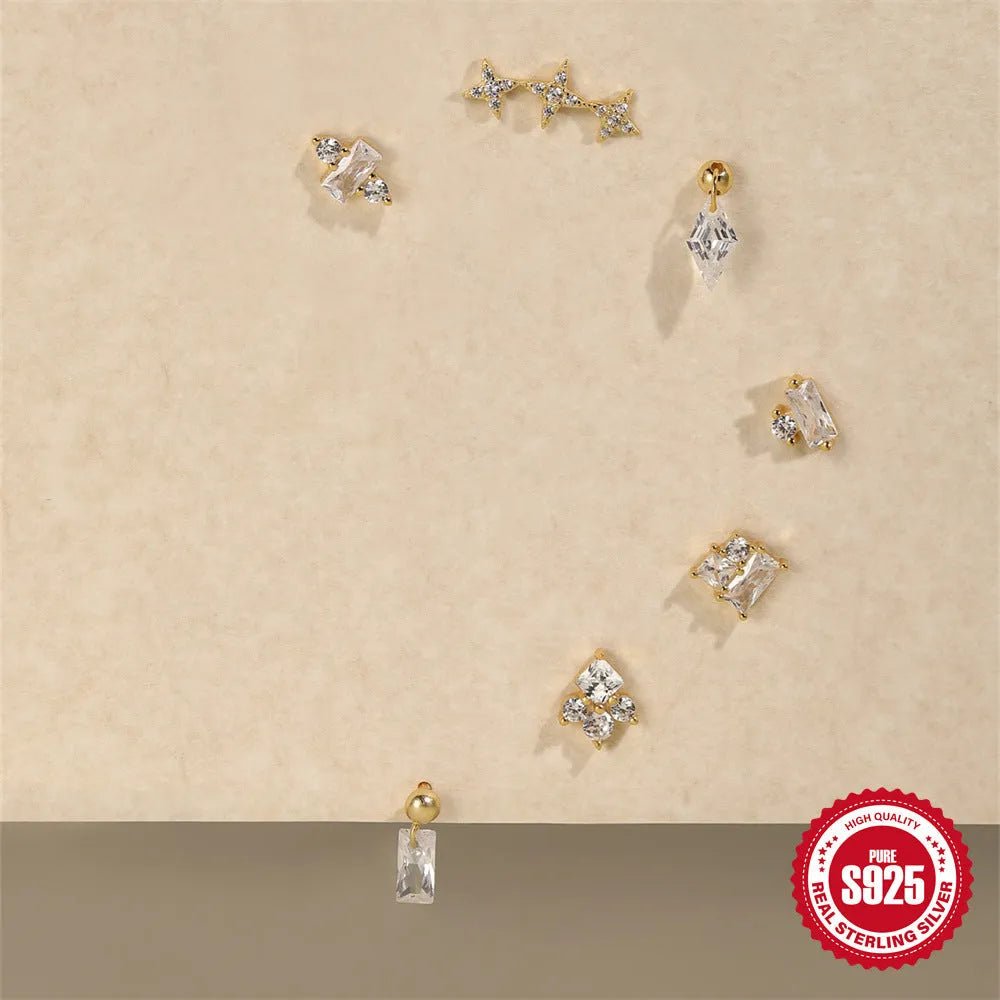 S925 sterling silver square gravel stud earrings with floral design in golden colour