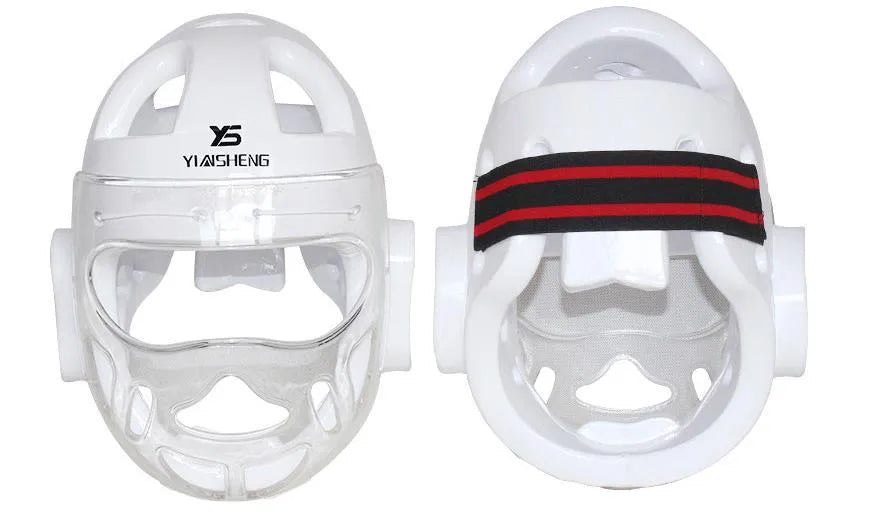 Karate helmet for boxing head protection shown in white, blue, and red colour options.