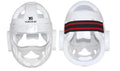 Karate helmet for boxing head protection shown in white, blue, and red colour options.
