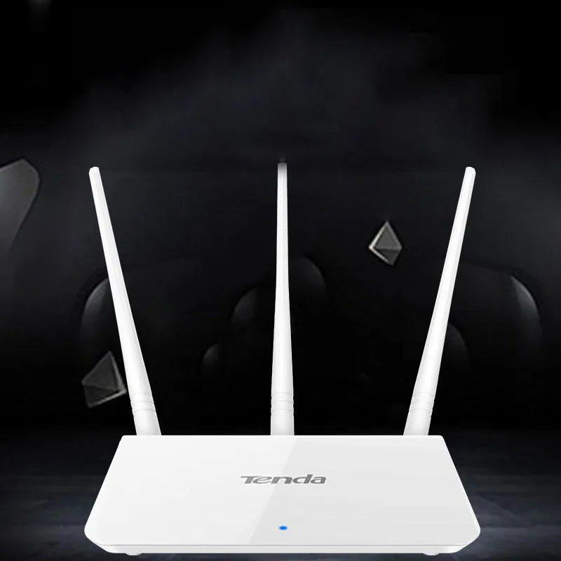White dual-band wireless broadband router on a desk.