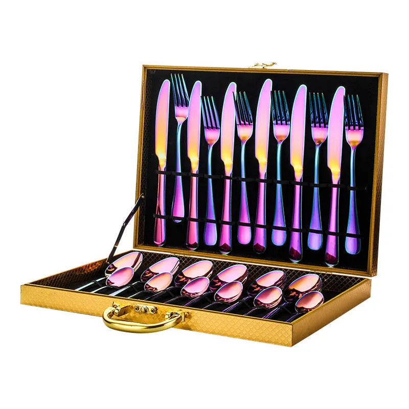 24 piece stainless steel tableware set showing knives, forks, and spoons in multiple colour finishes