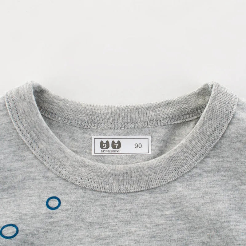 Grey cotton children's T-shirt showing front view with size options from 90cm to 140cm