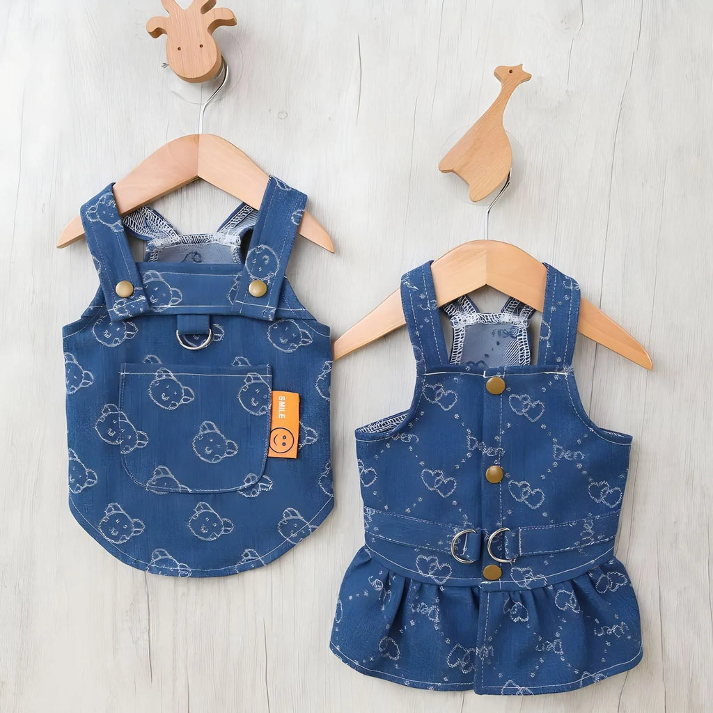 Denim princess dress for small dogs in bracket skirt style with spring autumn seasonal design