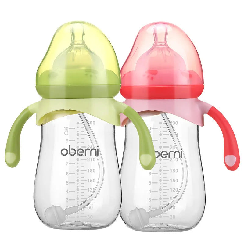 Wide caliber baby bottle with handle in gourd shape, available in blue, green, and red colours