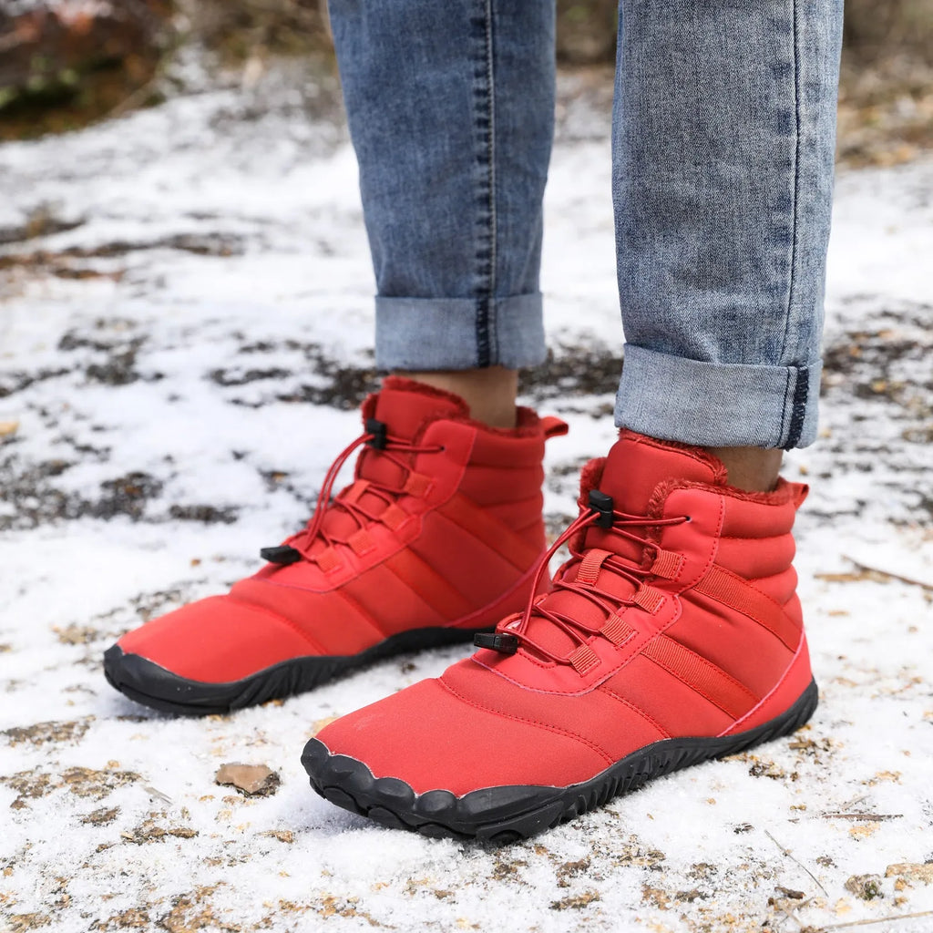 Five-finger waterproof fleece-lined hiking shoes with rubber outsole in beige, grey, black and wine red colours