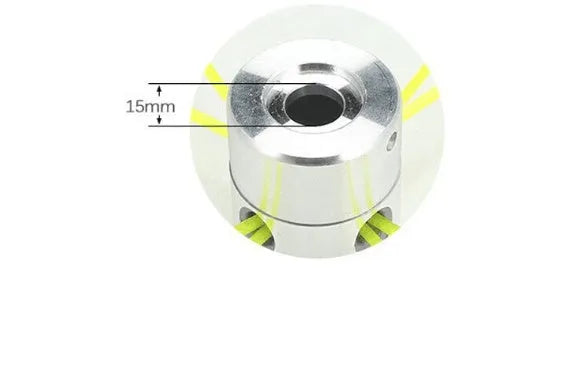 Silver aluminium lawn mower trimmer head with four light yellow square grass cutting lines