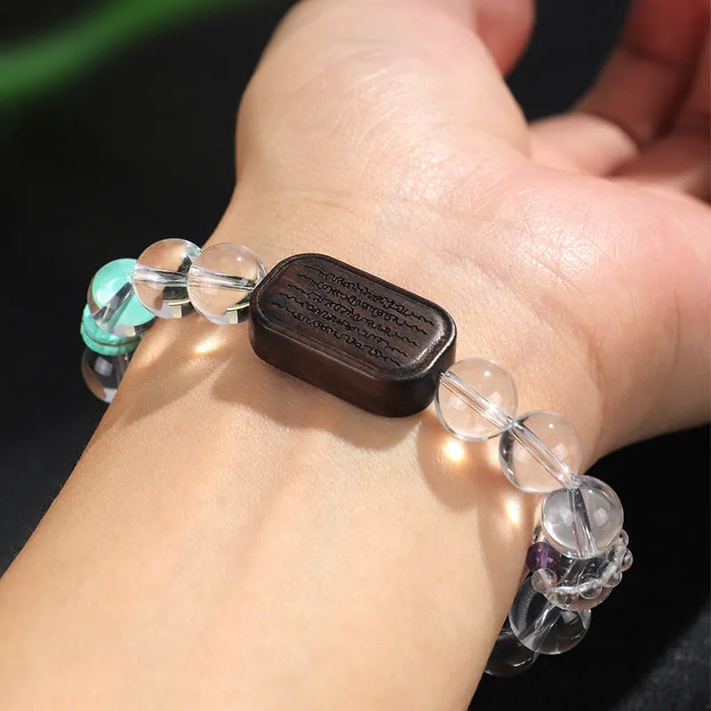 Handmade natural white crystal ebony bracelet with five warp ethnic design
