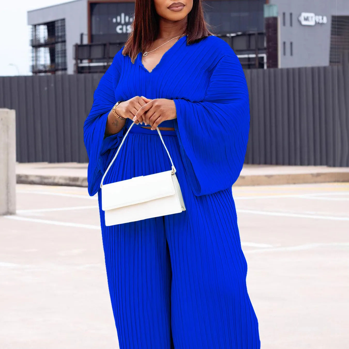 Women's African two-piece suit set with batwing sleeves and wide leg trousers in red or sapphire blue