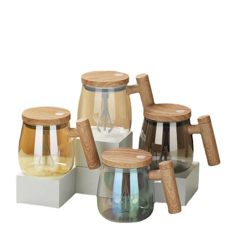 Clear borosilicate glass self-stirring coffee mug with electric mixing button and 400ml capacity