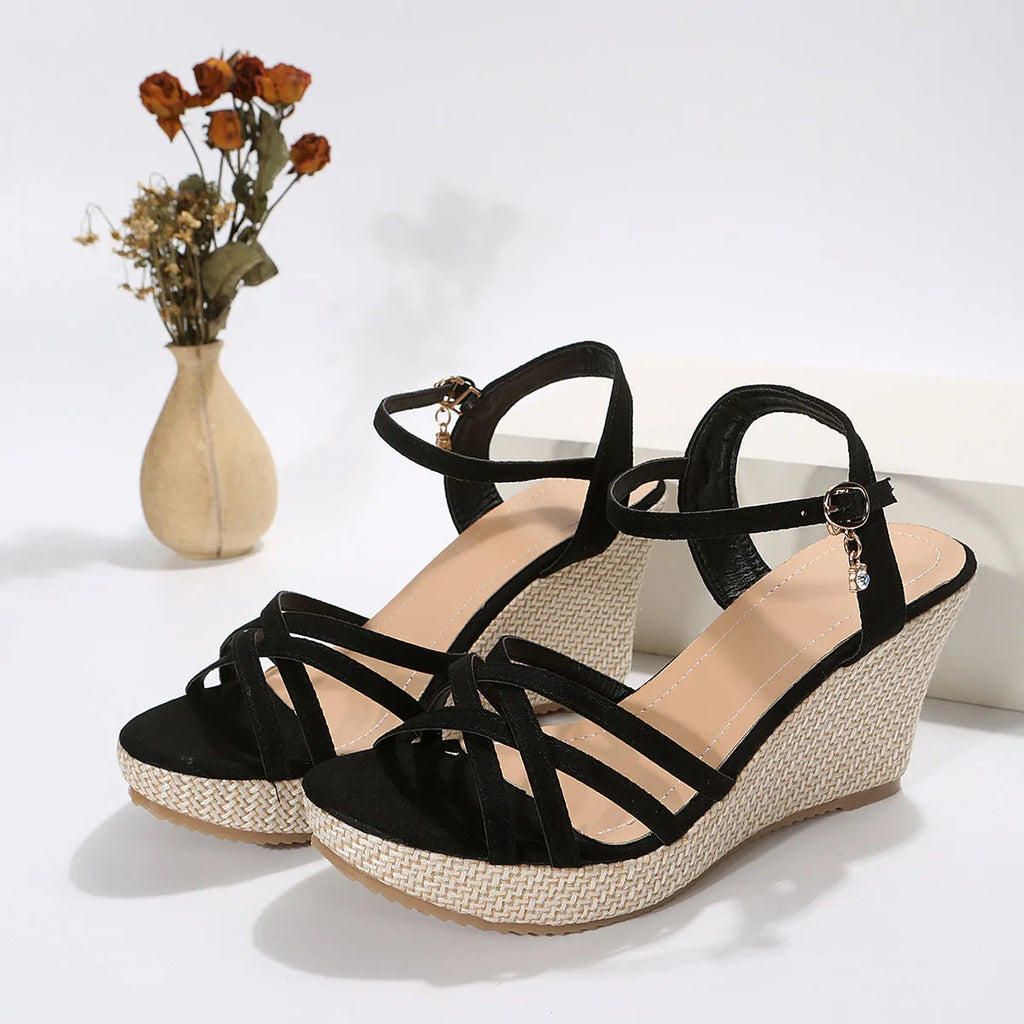 Women's wedge sandals with cloth upper and fish mouth toe design in black colour