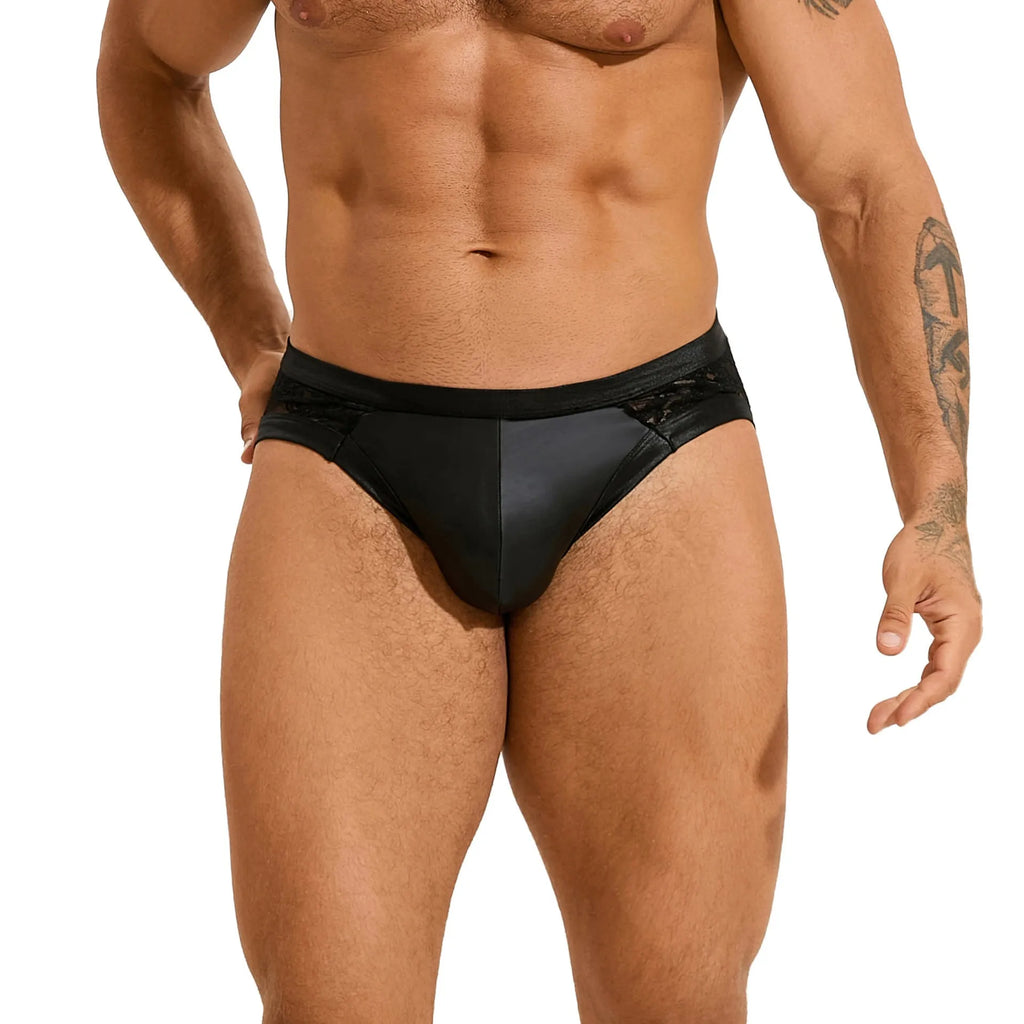 Black men's faux leather briefs with lace stitching detail in multiple sizes