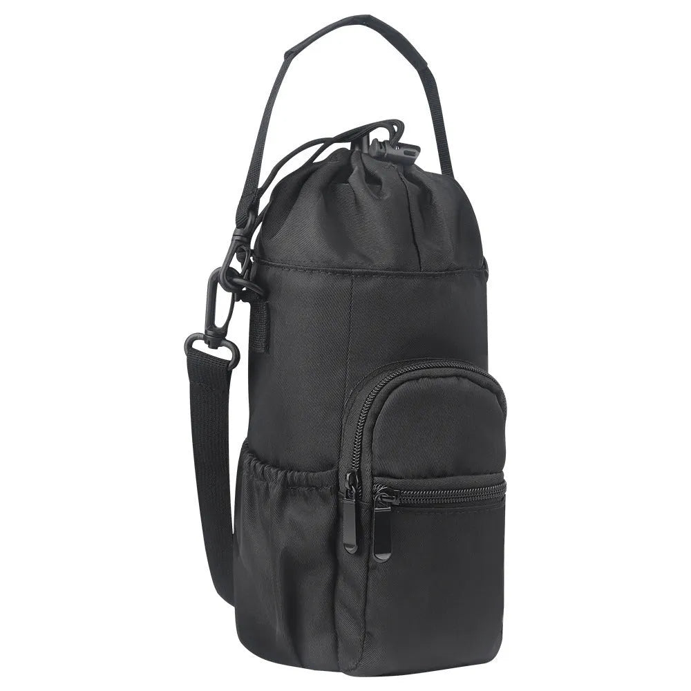Canvas water bottle pouch with elastic drawstring closure showing black, green, and pink colour options