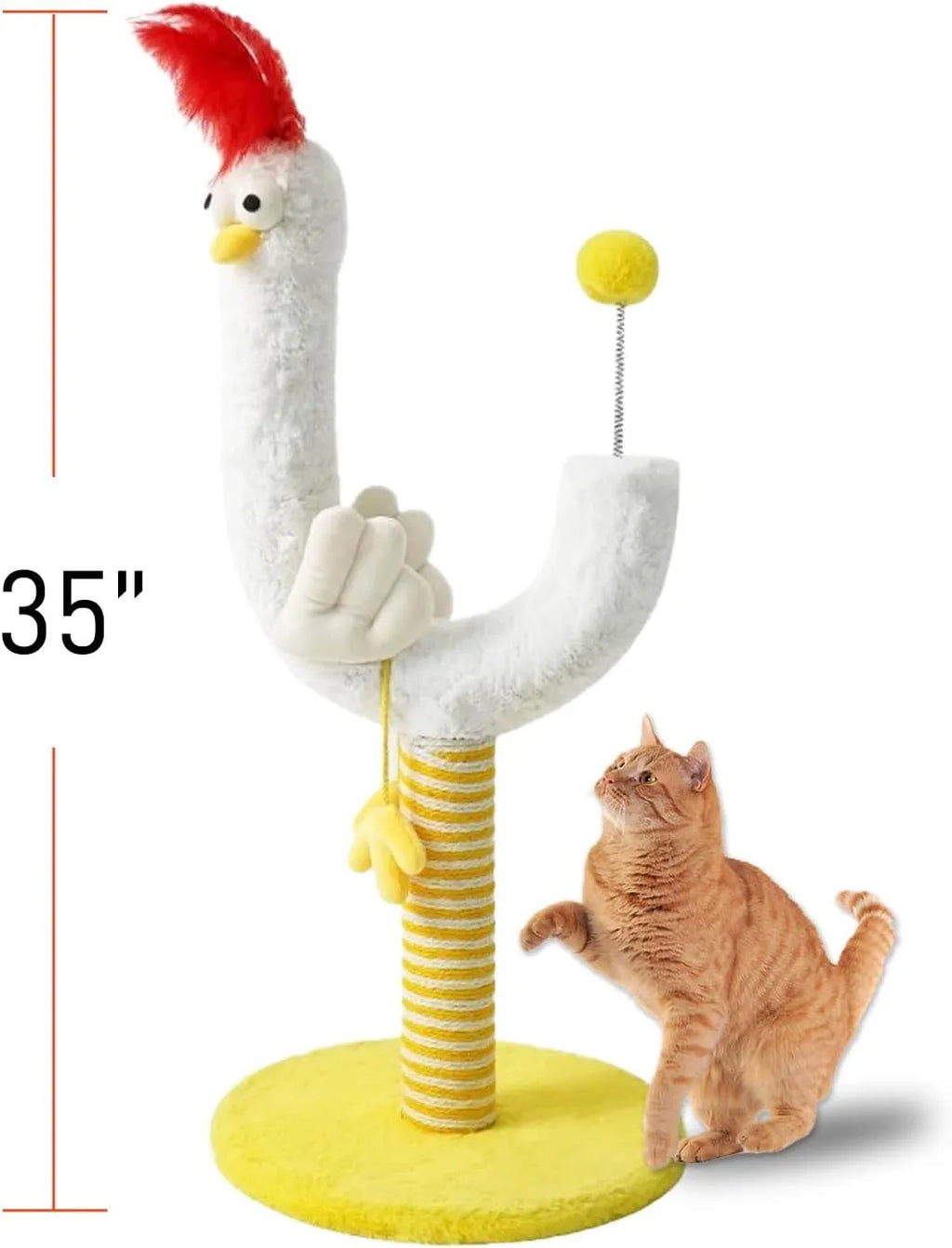 Vertical sisal cat scratching post with chicken strip pattern and spring ball