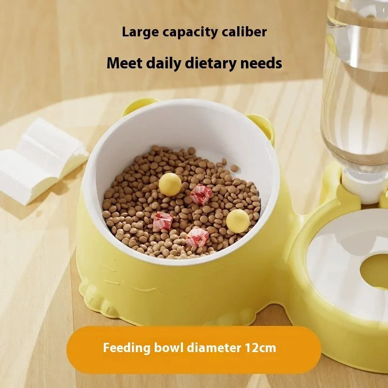 Grass green automatic cat fountain with two bowls for food and water.