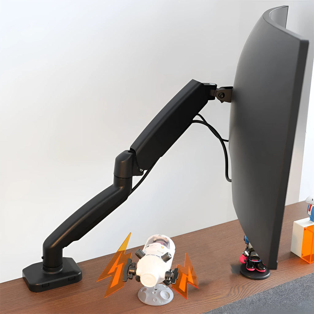 Universal black rotating telescopic LCD monitor stand on a desk next to a keyboard.