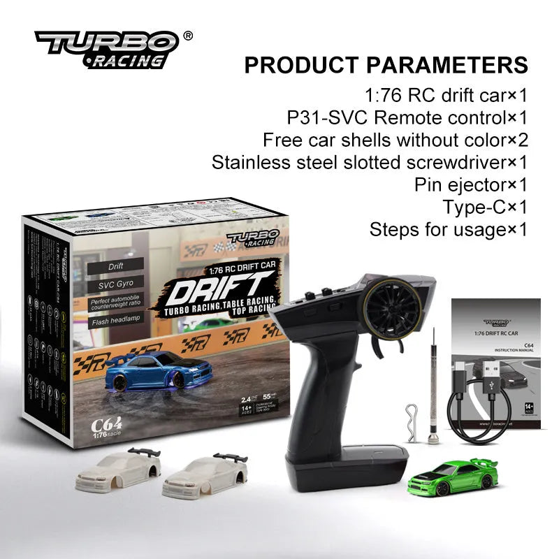Turbo Racing C64 blue remote control drift car with handle-style transmitter
