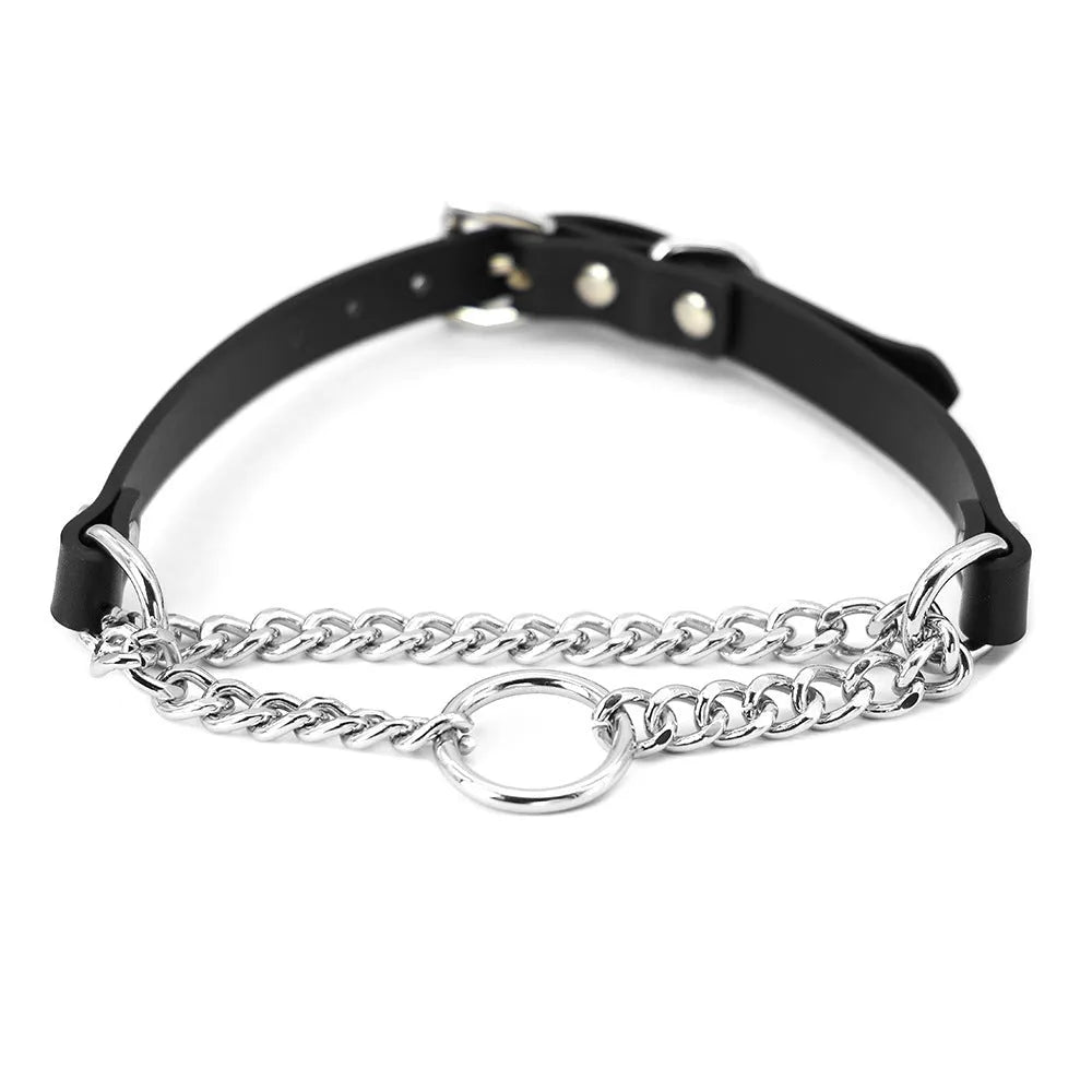 Black cowhide leather punk-style collar with buckle and matching leash with a hand grip section.