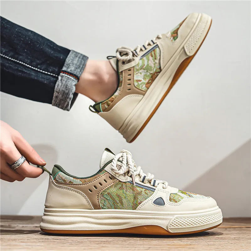 Canvas plimsoll shoes in Milan green and beige colours with flat heel and round toe design