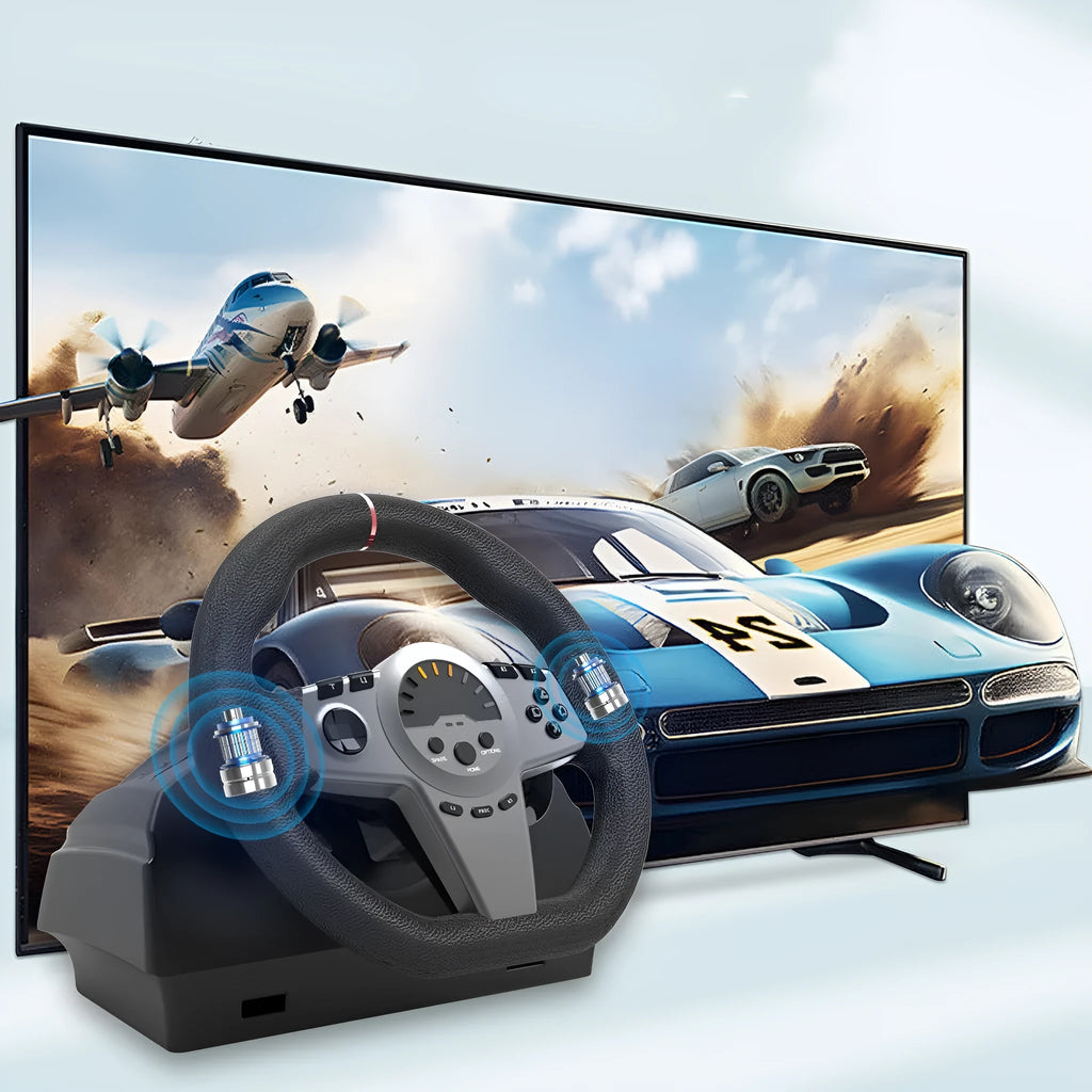 Black multi-platform steering wheel and two pedal set with manual bracket for racing games.