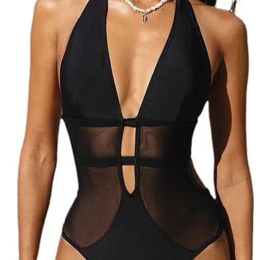 Black women's v-neck mesh one-piece swimsuit for swimming sports
