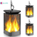Set of four black solar-powered hanging lanterns with flickering flame LED light for outdoor garden decoration.